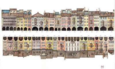 Arquitectura: vista plana de la Via dei Portici, galería cubierta con pórtico, junto a casas de colores, de la ciudad de Bolzano, Italia Ilustración de Giorgio Albertini. (La utilización de las obras de este autor no está sujeta a una solicitud de autoriza de Giorgio Albertini