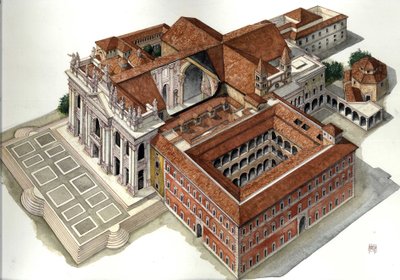 Arquitectura barroca: reconstrucción de la Basílica de San Juan de Letrán (siglo XVII-XVIII) Roma Ilustración de Giorgio Albertini. (La utilización de las obras de este autor no está sujeta a una solicitud de auth de Giorgio Albertini