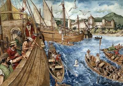 Colonización de la Costa de Oro (Ghana) en África: los portugueses parten hacia la costa guineana el 21/01/1482 y construyen el fuerte de Sao Jorge de Mina (Elmina) para reforzar el comercio de oro y esclavos. Las carabelas portuguesas representadas a lo l de Giorgio Albertini