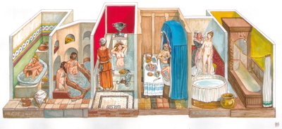 Vida cotidiana: evolución de los sistemas sanitarios y de higiene: tablero que representa los baños, las bañeras, los retretes de la Antigüedad a la Edad Moderna. de Giorgio Albertini