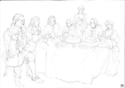 Vida cotidiana: familia de la nobleza durante una suntuosa comida de Giorgio Albertini