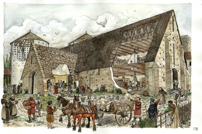 Entrega de víveres, alimentos, provisiones en el granero de una abadía francesa en el siglo XIV, cortes de la estructura de los edificios de la abadía que permiten ver las actividades y el interior de los almacenes. de Giorgio Albertini