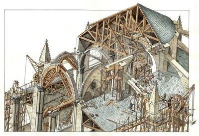Arte gótico: reconstrucción de la obra de construcción de una catedral gótica, los obreros subidos en andamios utilizan poleas. Siglo XIII Ilustración de Giorgio Albertini. (La utilización de las obras de este autor no está sujeta a una solicitud de autori de Giorgio Albertini
