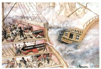 Guerra napoleónica: la batalla de Trafalgar, librada el 21/10/1805 entre la flota franco-española comandada por el almirante Villeneuve y la flota británica comandada por el vicealmirante Nelson. Sección transversal del buque que muestra el interior, s de Giorgio Albertini