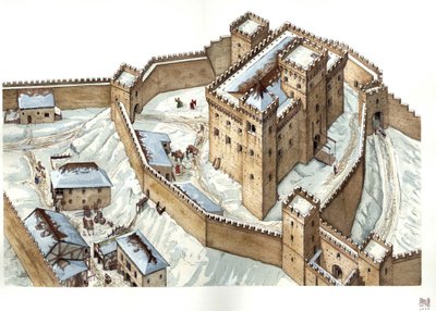 Arquitectura medieval: reconstrucción del castillo de la ciudad de Udine en el siglo XIV. Italia Ilustración de Giorgio Albertini. (La utilización de las obras de este autor no está sujeta a la solicitud de autorización de un tercero ni al pago de o de Giorgio Albertini