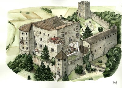 Arquitectura medieval: vista del castillo de Pergine, con cortes que permiten ver la vida de los habitantes en las habitaciones del castillo en el siglo XVI. Pergine Valsugana, Trento, Italia Ilustración de Giorgio Albertini. (El uso de las obras de este a de Giorgio Albertini