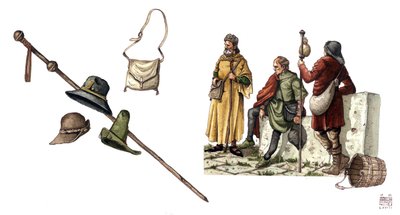 Moda medieval: traje pelerino entre los siglos XII y XIV, bolso, sombreros, bastón, túnicas. de Giorgio Albertini
