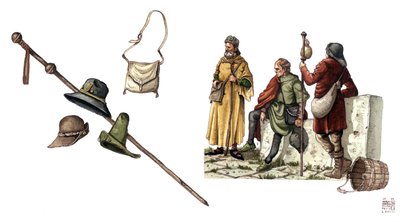 Moda medieval: traje pelerino entre los siglos XII y XIV, bolso, sombreros, bastón, túnicas. de Giorgio Albertini