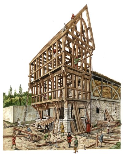 Edad Media: una obra de construcción en una región del norte de Francia en el siglo XIV, carpinteros y ebanistas trabajan en la estructura de madera de un granero. Ilustración de Giorgio Albertini. (La utilización de las obras de este autor no está sujeta  de Giorgio Albertini