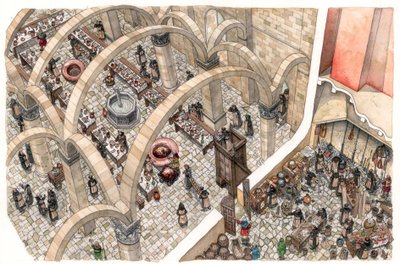 Edad Media: refectorio y cocina en un monasterio. Trabajo religioso para preparar las comidas de la comunidad. Siglos XII o XIII de Giorgio Albertini