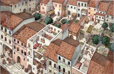 Edad Media: vista aérea de viviendas, vistas transversales del interior de las viviendas en Florencia, Italia, en el siglo XIII. de Giorgio Albertini