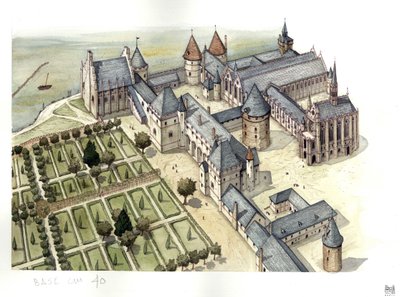 Edad Media: vista aérea del Palacio de la Conserjería de París tal y como era en el siglo XV, cuando se convirtió en prisión. de Giorgio Albertini