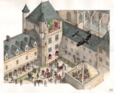 Edad Media: vista aérea del Palacio de los Duques de Borgoña en Dijon (Costa de Oro) en el siglo XV. Se ven las cocinas del palacio, en el patio, de los caballeros con sus monturas. de Giorgio Albertini