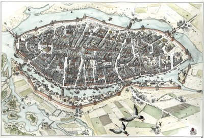 Edad Media: vista aérea de la ciudad de Lubeck en Alemania con callejero, mostrando su posición geográfica en una isla en la confluencia de los ríos Wakenitz y Trave. Siglo XV. Alemania Ilustración de Giorgio Albertini. (El uso de la w de Giorgio Albertini