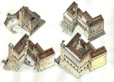Edad Media: vista aérea de las distintas fases de construcción del Palacio Vaticano entre los siglos XII y XV. Roma Italia de Giorgio Albertini