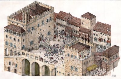 Edad Media: vista aérea de la plaza central de la ciudad de Gubbio (Umbría) en Italia en el siglo XIV. El Palacio de los Cónsules es visible a la izquierda. de Giorgio Albertini