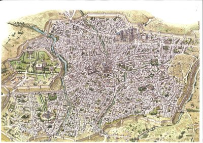 Edad Media: vista aérea detallada de la ciudad de Samarcanda (Samarkanda), se ven las murallas, en Uzbekistán en la época de la dinastía mongola chaybánida. 1450 alrededor de Asia Central. Ilustración de Giorgio Albertini. (El uso de las obras de este auto de Giorgio Albertini