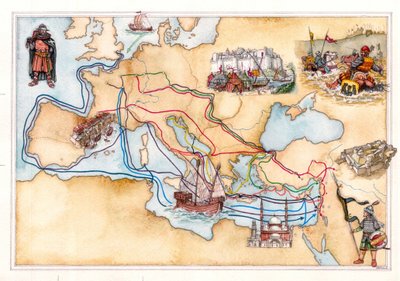 Edad Media: mapa de Europa y Oriente Próximo que muestra las rutas terrestres y marítimas utilizadas por las Cruzadas durante las distintas cruzadas de Giorgio Albertini