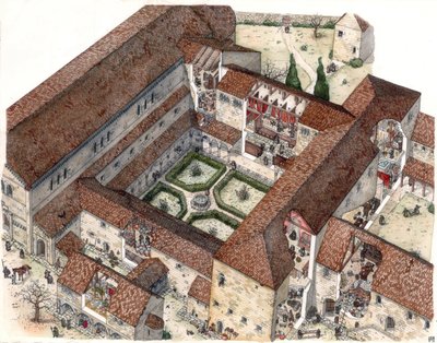 Edad Media: reconstitución de un monasterio y vida de monjas o monjes. Los cortes permiten ver las escenas interiores. Ilustración de Giorgio Albertini. (La utilización de las obras de este autor no está sujeta a la solicitud de autorización de un tercero  de Giorgio Albertini