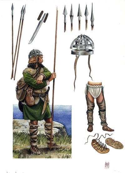 Edad Media: representación de un Almogavra, soldado mercenario del Reino de Aragón Cataluña hacia el siglo XIV: descripción de las armas, y de su traje. de Giorgio Albertini