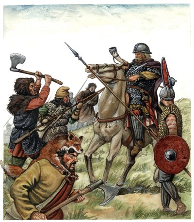Edad Media: escena de la batalla de Roncesvaux (País Vasco español), jinete franco del Armee de Carlomagno se opone a los moros en 778. Ilustración del siglo VIII de Giorgio Albertini. de Giorgio Albertini