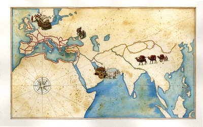 Edad Media: las principales vías que atraviesan Europa (calzadas romanas), las calzadas peladas (Jerusalén), la Ruta de la Seda hacia China. de Giorgio Albertini
