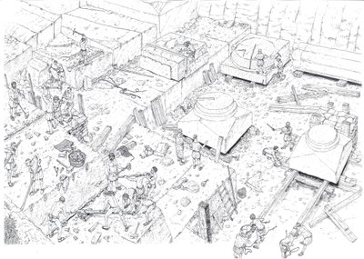 Edad Media: vista que representa a obreros trabajando en las canteras de mármol de Carrara (Carrara) en el siglo XV. Italia Ilustración de Giorgio Albertini. (La utilización de las obras de este autor no está sujeta a la solicitud de autorización de un ter de Giorgio Albertini