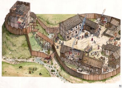 Edad Media: pueblo construido al borde de un río, murallas de madera y una torre fortificada. Siglo XI de Giorgio Albertini