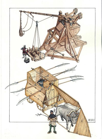 Edad Media: máquina de guerra, maqueta de catapulta y tanque disparado por bueyes con lanzas afiladas. de Giorgio Albertini