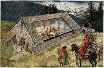 Reconstrucción de un hospital (hospicio o refugio) de pelerins en Moncenisio (Montcenis) en los Alpes, Italia de Giorgio Albertini