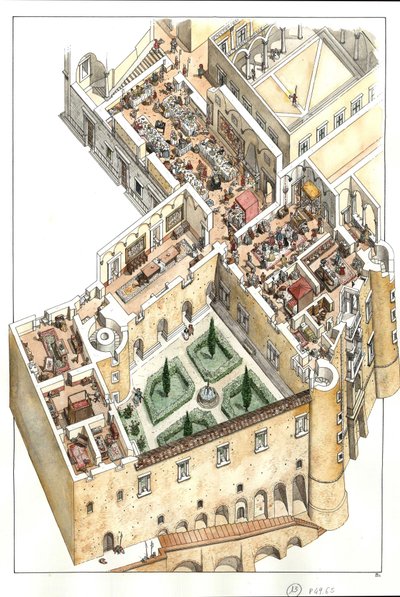 Reconstrucción de la planta noble del Palacio Ducal de Urbino, Italia. Fue construido por el duque Federico da Montefeltro (Federico de Montefeltre, duque de Urbino) en el siglo XV. de Giorgio Albertini