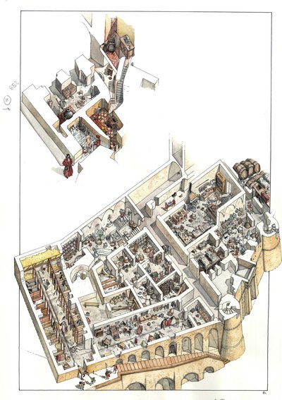 Reconstrucción con vistas al corte de las zonas subterráneas donde se encuentra la planta de servicio (viviendas domésticas, baños, cocina, establos) del palacio ducal de la ciudad de Urbino, en Italia. Fue construido por el duque Federico da Montefeltro ( de Giorgio Albertini