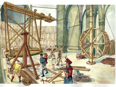 Renacimiento: reconstrucción de la obra de construcción de la cúpula de la iglesia de Santa Maria del Fiore (Duomo) sobre los planos del arquitecto Filippo Brunelleschi. 1436. Florencia Italia Ilustración de Giorgio Albertini. (El uso de las obras de este  de Giorgio Albertini