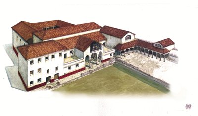 Roman Antiquite: reconstitución del emplazamiento de la domus de la Puerta Marina (domus di porta marina) en Ostia antica (antigua Ostia) en el siglo IV, Italia. de Giorgio Albertini