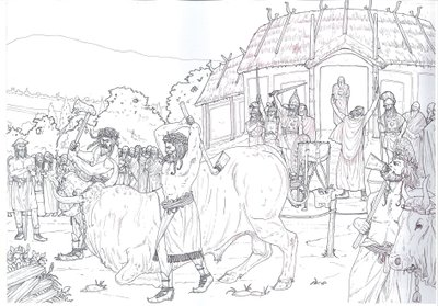 Antigüedad romana: escena del sacrificio de un toro en homenaje a Júpiter cerca del lago Nemi, Roma. de Giorgio Albertini