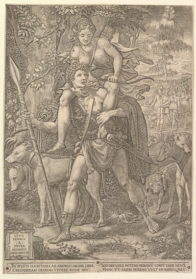 Alegoría de la Caza, un cazador sosteniendo una gran lanza llevando a una mujer Diana en sus hombros, 1556 de Giorgio Ghisi