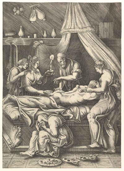 Una alegoría de la enfermedad, hombre postrado en una cama rodeado de figuras, ca. 1540 de Giorgio Ghisi