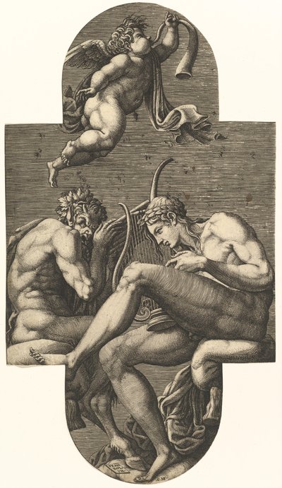 Apolo, Pan y un putto soplando un cuerno, de una serie de ocho composiciones después de France..., 1560s de Giorgio Ghisi