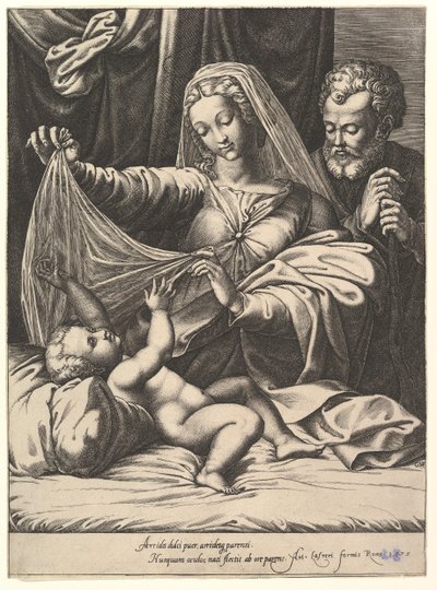 Madonna de Loreto, la Virgen levanta un velo sobre el Niño, que yace en una cama y almohada de Giorgio Ghisi