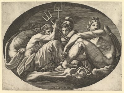 Plutón, Neptuno, Minerva y Apolo, de una serie de ocho composiciones después de Francesco P..., 1560s de Giorgio Ghisi