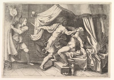 Tarquin atacando a Lucrecia, un sirviente a la izquierda presenciando la escena, ca. 1540 de Giorgio Ghisi