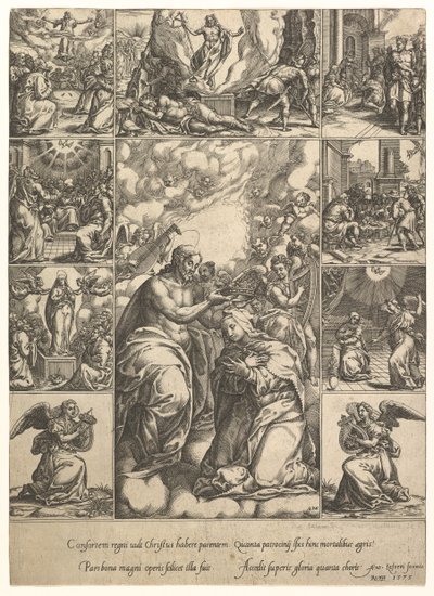 La Coronación de la Virgen, rodeada de nueve viñetas con escenas de la vida de... de Giorgio Ghisi
