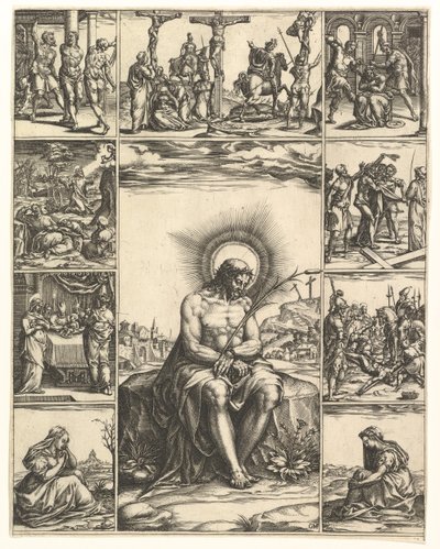 El hombre de los dolores, una imagen de Cristo rodeado de nueve viñetas que representan escenas de..., por 1575 de Giorgio Ghisi