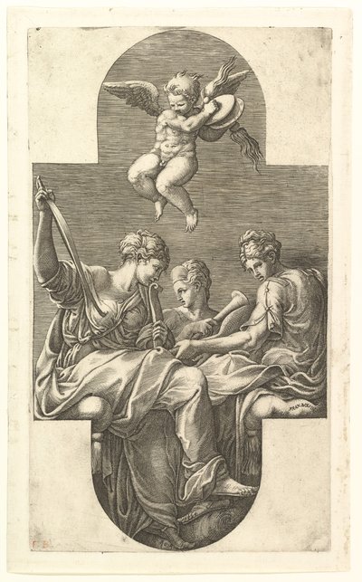Tres musas y un putto con platillos, una composición cruciforme, de una serie de ocho com..., 1560s de Giorgio Ghisi