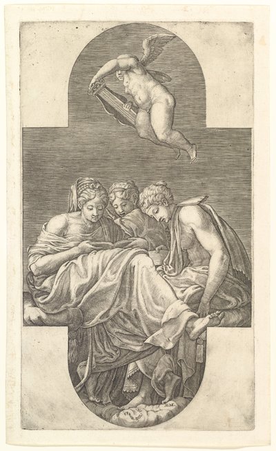 Tres Musas y un Putto con una Lira, una composición cruciforme, de una serie de ocho comp..., 1560s de Giorgio Ghisi