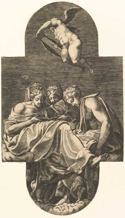 Tres Musas y un putto arriba con una lira, de una serie de ocho composiciones después de Fran de Giorgio Ghisi