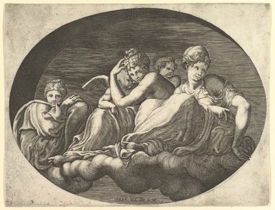 Venus y Cupido, dos otras diosas y un putto, de una serie de ocho composiciones af..., 1560s de Giorgio Ghisi