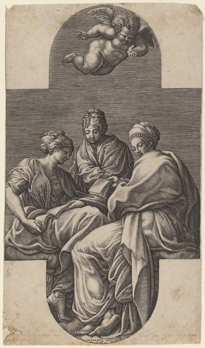 Tres musas y un putto gesticulando de Giorgio Ghisi after Francesco Primaticcio