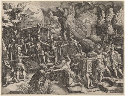 Sinon engañando a los troyanos de Giorgio Ghisi after Giovanni Battista Scultori