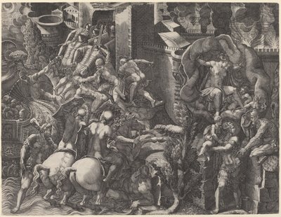 La Caída de Troya y la Huida de Eneas de Giorgio Ghisi after Giovanni Battista Scultori